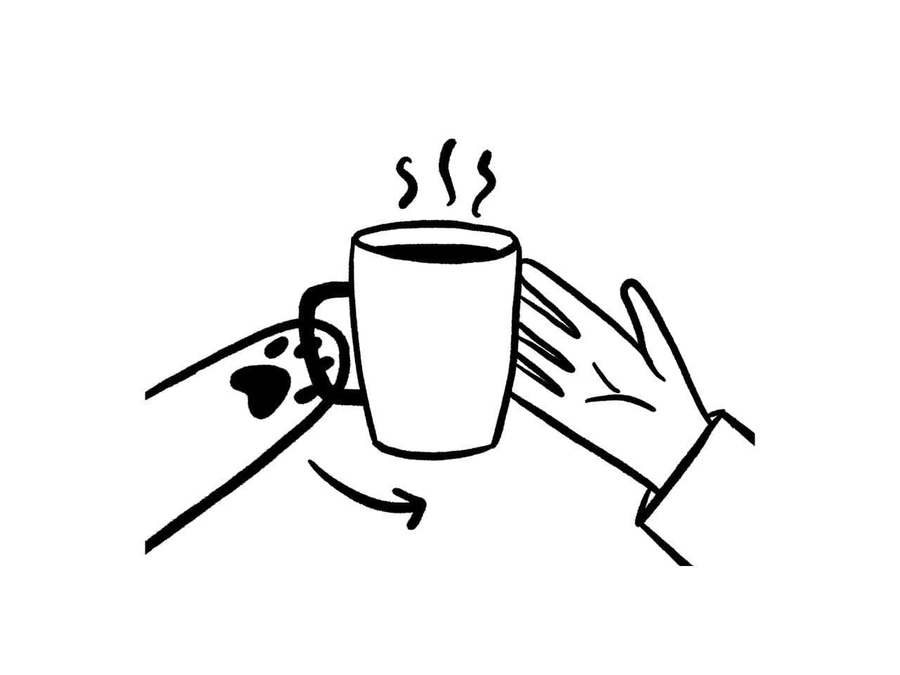 Black icon of a hand and a paw passing a steaming mug from one to another, with an arrow indicating the handover.