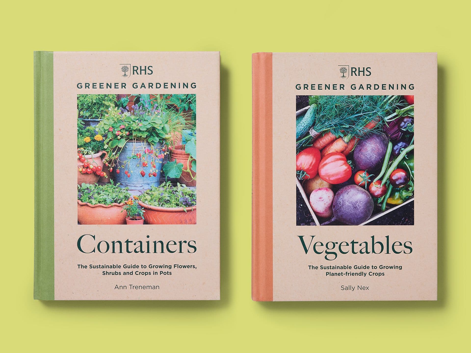 Two books from the "RHS Greener Gardening" series on a pale green background. Left: "Containers" by Ann Treneman, with a green spine and a cover photo of flowering and fruiting plants grown in pots. Right: "Vegetables" by Sally Nex, with an orange spine and a cover photo of freshly harvested vegetables arranged in a crate.