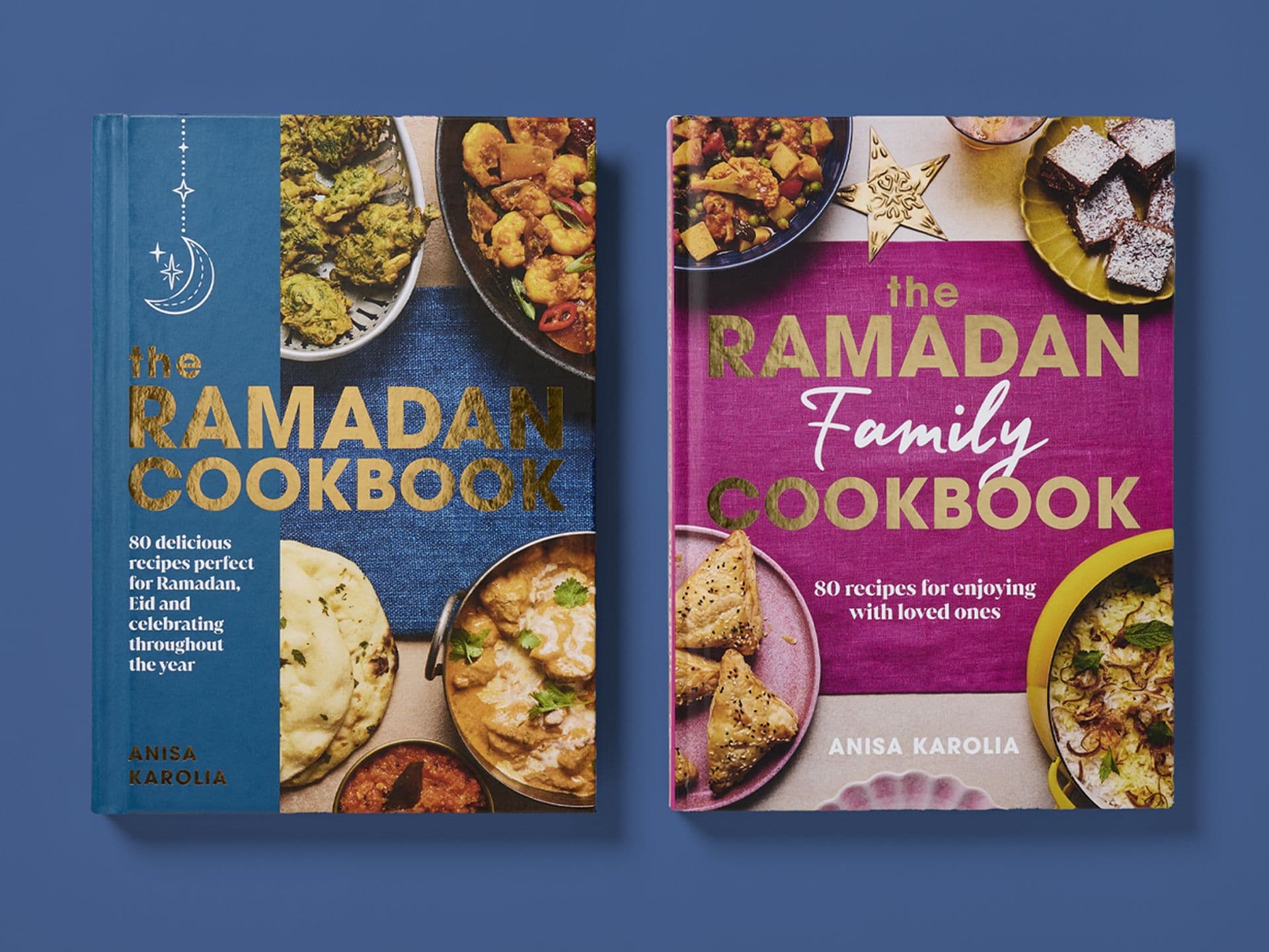 Two cookbooks, "The Ramadan Cookbook" and "The Ramadan Family Cookbook" by Anisa Karolia, are displayed side by side on a blue background. The titles feature gold foil, accompanied by food photography of celebratory dishes and subtitles highlighting 80 recipes for Ramadan, Eid, and family gatherings.