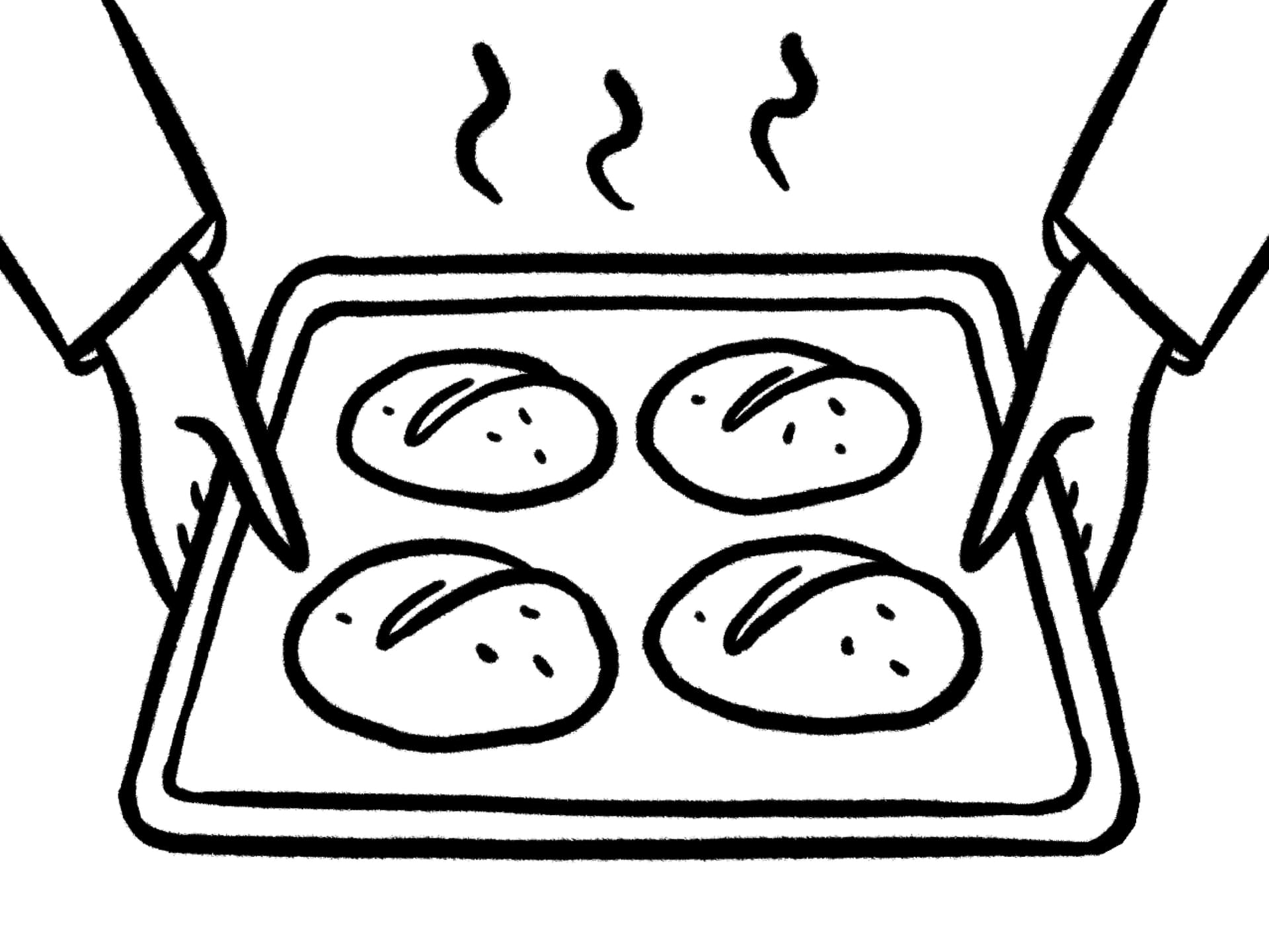 Black icon of hands holding a tray of four steaming buns.