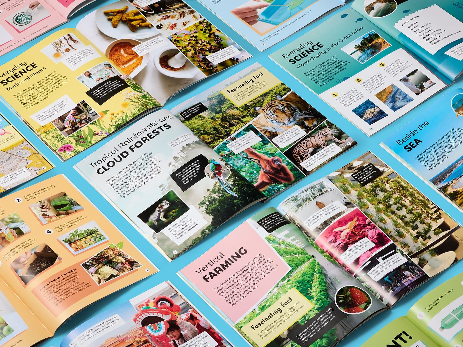 Overhead view of multiple open DK *Super Planet Series* books arranged on a blue background, showing colourful science-themed spreads on forests, oceans, medicinal plants, vertical farming, and water quality, with photographs, diagrams, fact boxes, and clear section headings.