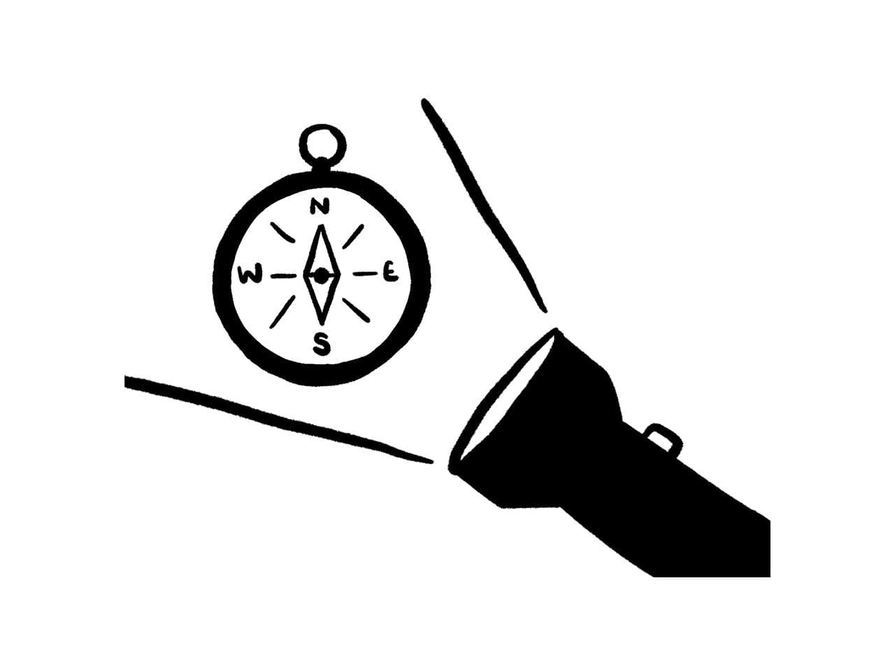 Black icon of a compass and a torch emitting light beams on a white background.