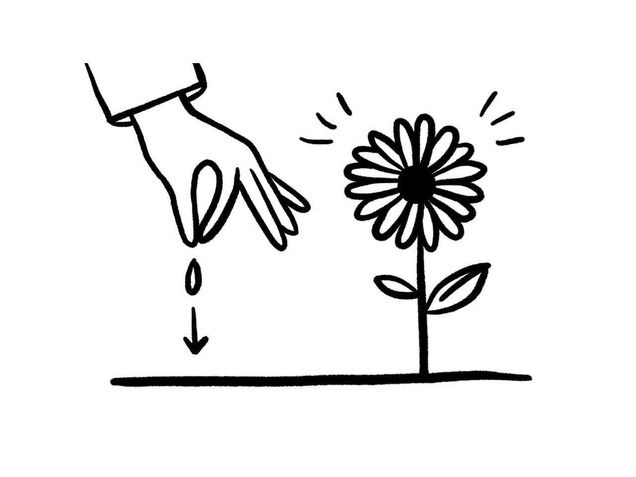 Black icon of a hand dripping water onto the ground beside a flowering plant.
