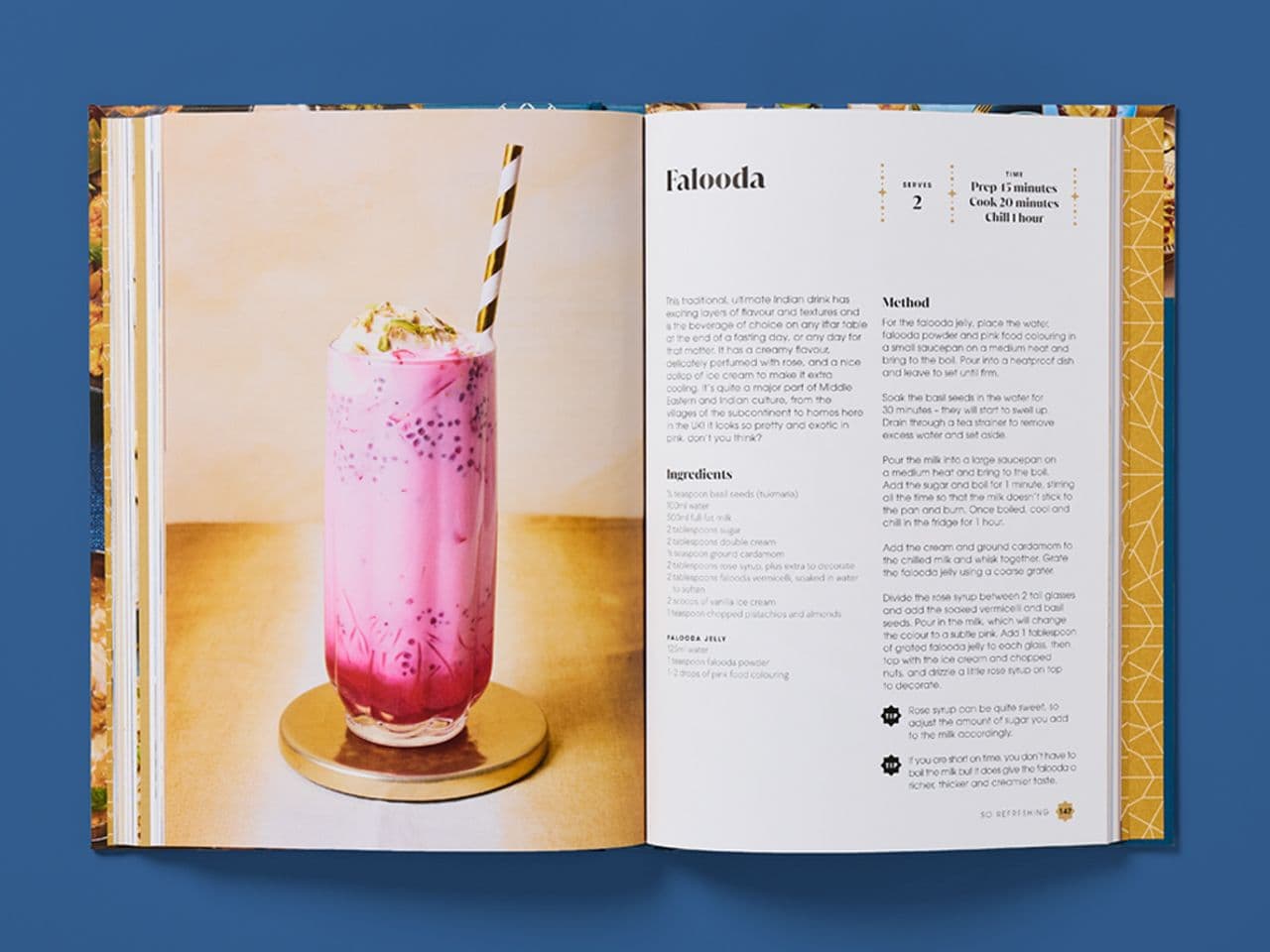 Open spread featuring “Falooda,” with a tall glass of pink layered drink topped with seeds and a striped straw on the left, and recipe details on the right including ingredients, method, and prep, cook, and chill times.