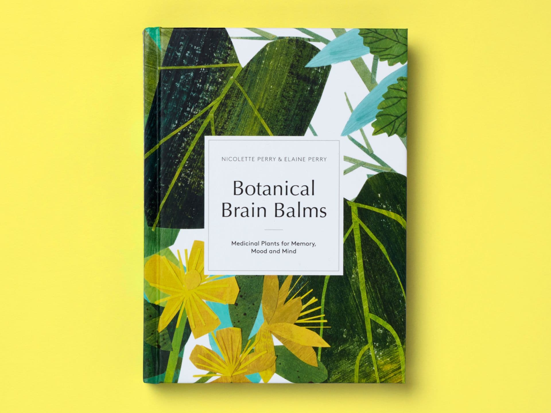 Illustrated book cover titled "Botanical Brain Balms" by Nicolette Perry and Elaine Perry, featuring layered botanical illustrations of green leaves and yellow flowers, with the subtitle "Medicinal Plants for Memory, Mood and Mind," set against a yellow background.