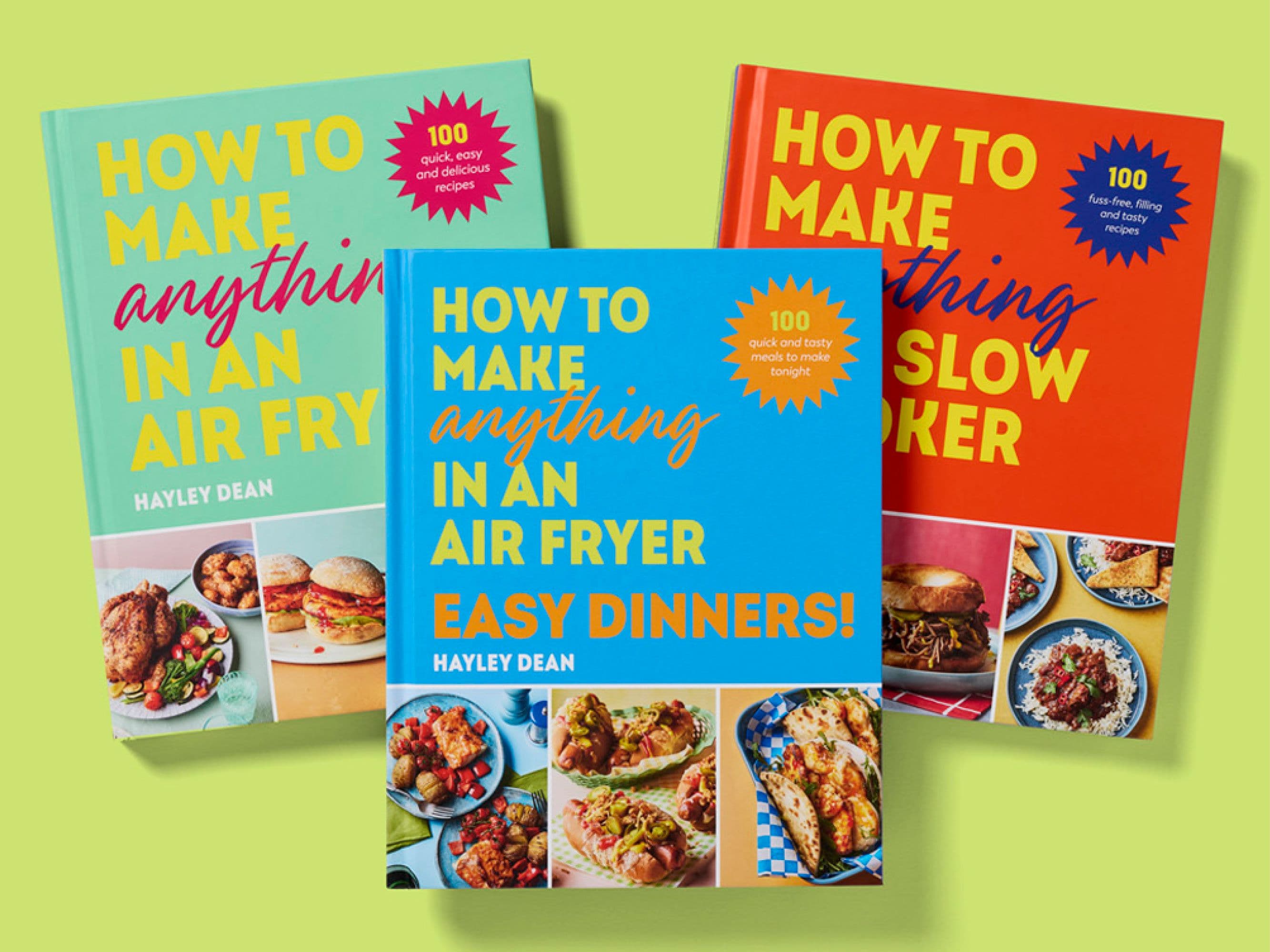 Three “How to Make Anything” cookbooks displayed on an orange background, including air fryer and slow cooker titles, with food photography on the covers and “100 recipes” badges.