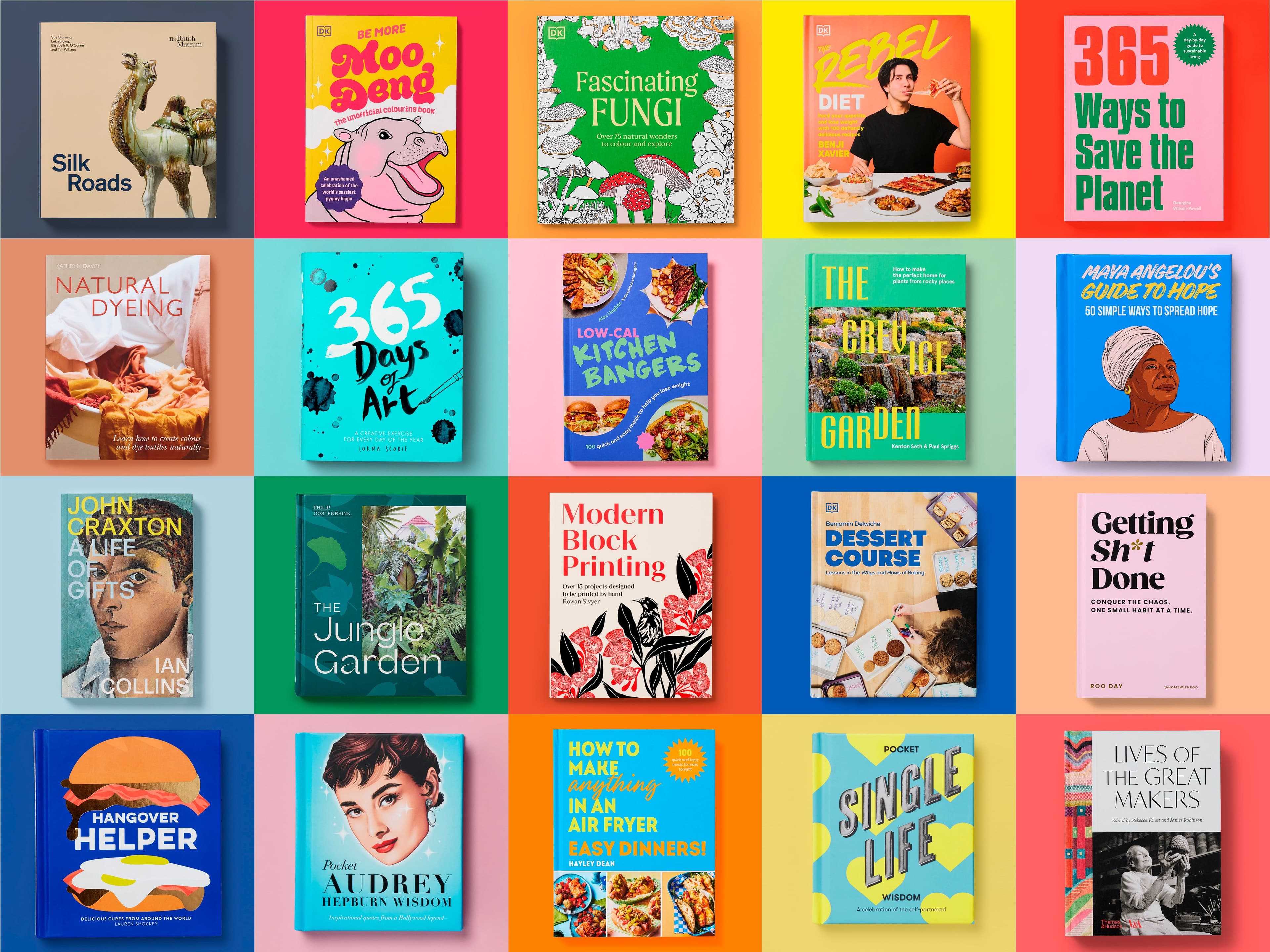 A grid of book covers on bright backgrounds, ranging from cookbooks, gift based books through to gardening and activity books, all book covers designed by Studio Noel