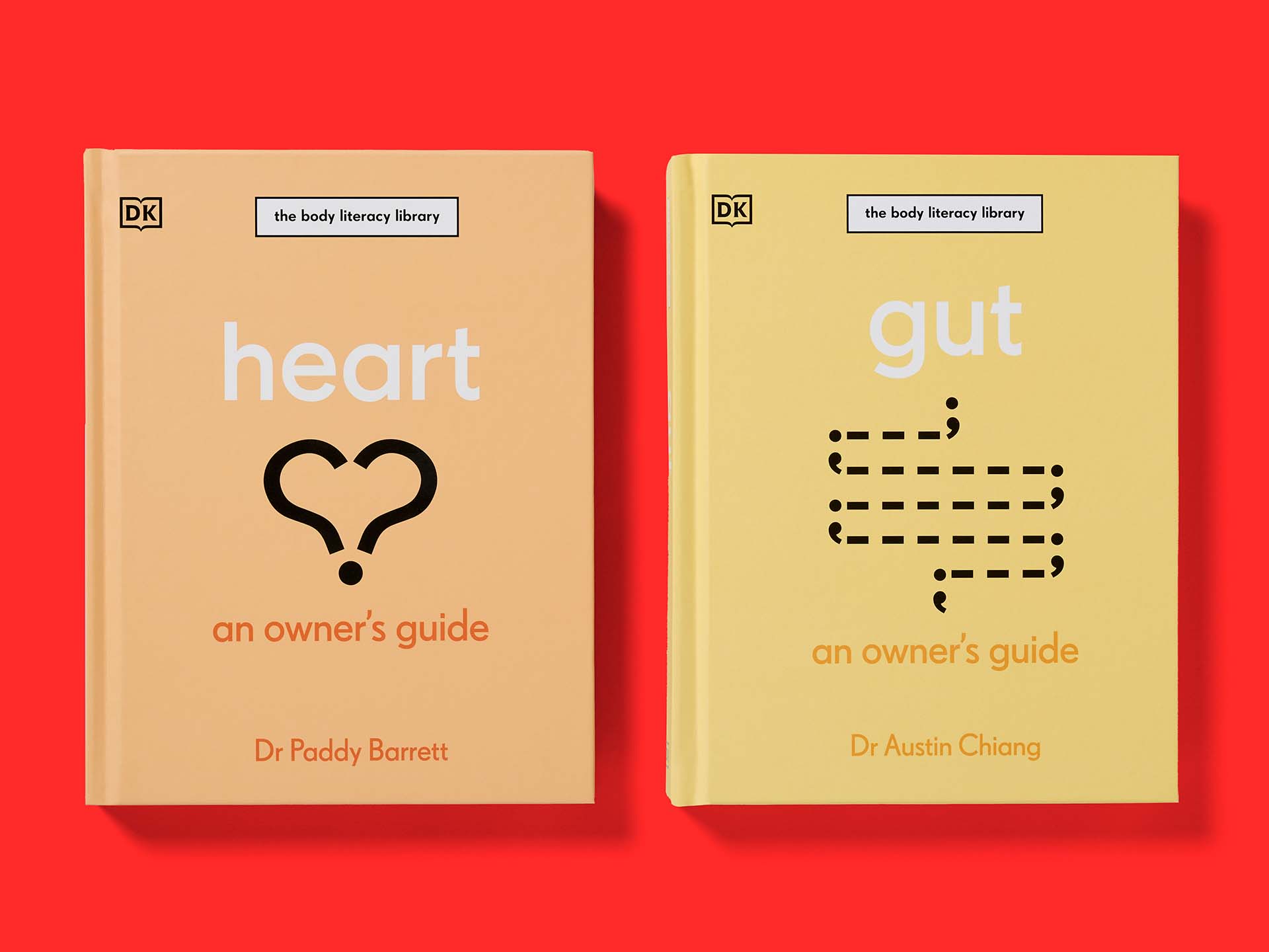 Two DK books from "The Body Literacy Library" displayed side by side on a red background: "Heart: an owner’s guide" by Dr Paddy Barrett with a heart icon on a peach cover, and "Gut: an owner’s guide" by Dr Austin Chiang with a stylised intestine graphic on a pale yellow cover.