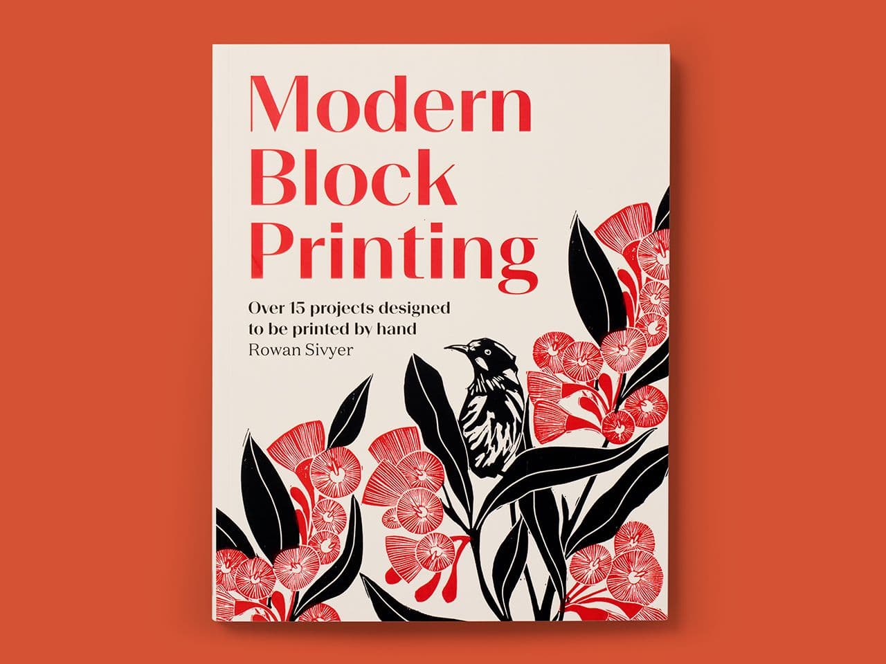 Book cover of Modern Block Printing, featuring bold typography and an illustration of a bird and flowers.