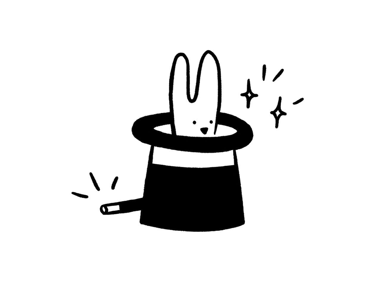 Black icon of a rabbit emerging from a magician's hat with a wand and sparkles on a white background.